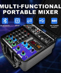 Powerful 150W X2 Gig-Ready Powered Mixer With 4 Channels, Bluetooth, USB MP3 Playback And 48V Phantom Power in carrying case
