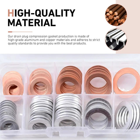 100 Pack Oil Drain Plug Crush Washers Kit With Copper And Aluminum Mix in plastic case, five sizes M10-M18, gold finish
