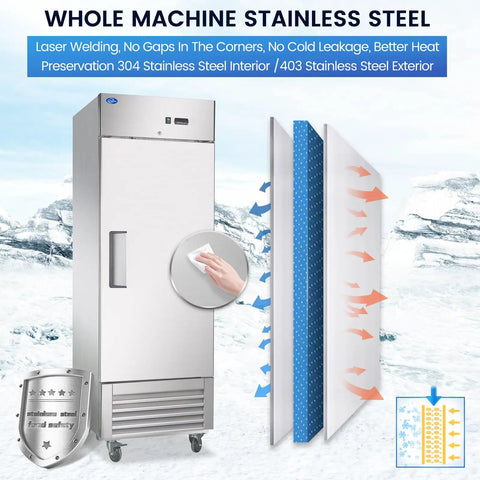 Top Shelf Commercial Upright Freezer With Twenty Three Cubic Foot Capacity And Four Heavy Duty Shelves featuring stainless steel and interior heat preservation.