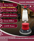 Heavy Duty 17 Inch Floor Scrubber Polisher With 1100W Motor shown in a commercial setting, highlighting deep cleaning features.