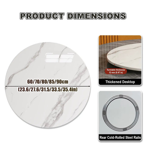 Must-Have 360 Degree Marble Lazy Susan For Tabletop shown with dimensions and turntable thickness details