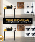 Adjustable 28-47 Inch Workbench Legs With Power Strip And Built Tough Heavy-Duty Metal Table Frame, shown with wheels and feet.