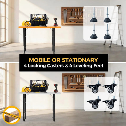 Adjustable 28-47 Inch Workbench Legs With Power Strip And Built Tough Heavy-Duty Metal Table Frame, shown with wheels and feet.