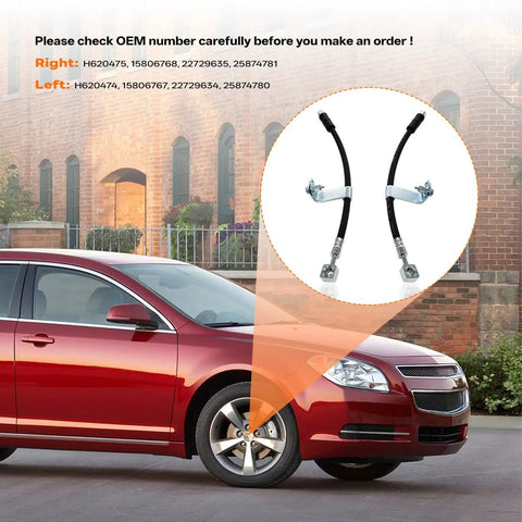 Image of Chevy Malibu with highlighted front right and left brake hydraulic hose set, 2004-2012 model compatibility shown.