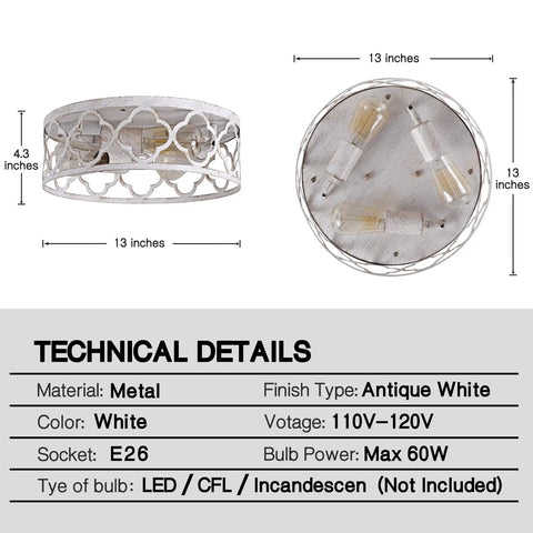 Rustic 13 Inch Flush Mount Ceiling Light Three Light Farmhouse Fixture In Antique White Finish With Quatrefoil Design