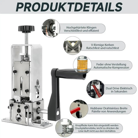 Wire Stripper Machine 1 To 25MM For Hand Crank Or Drill Powered Use showing product details and features in silver color.