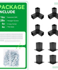 3-Way Right Angle Pergola Brackets Kit for 4x4 Posts package contents with bolts, screws, corner connectors, and bases.
