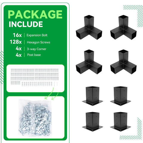3-Way Right Angle Pergola Brackets Kit for 4x4 Posts package contents with bolts, screws, corner connectors, and bases.