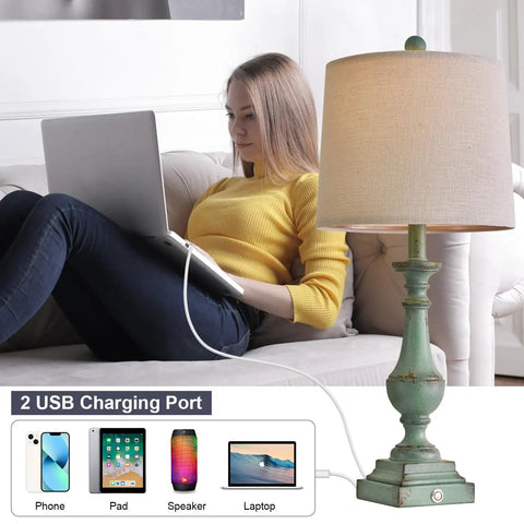 Three Way Dimmable Touch Table Lamps Set Of Two with USB Ports for Quick Phone Charging, Rustic Green Finish, Living Room