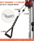 Wall Mount Cable Crossover Machine With Dual Pulleys And 19 Adjustable Positions for Home Gym, showing pulley ratio change mechanism.