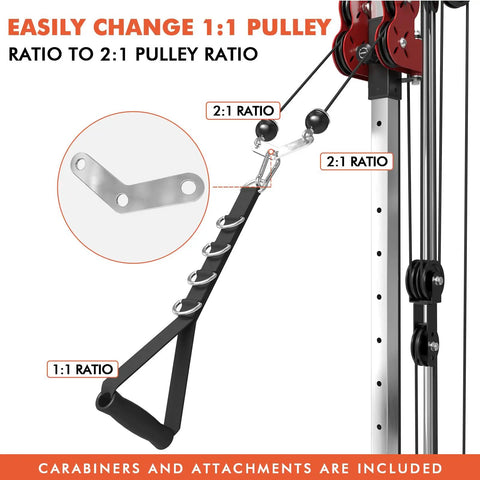 Wall Mount Cable Crossover Machine With Dual Pulleys And 19 Adjustable Positions for Home Gym, showing pulley ratio change mechanism.