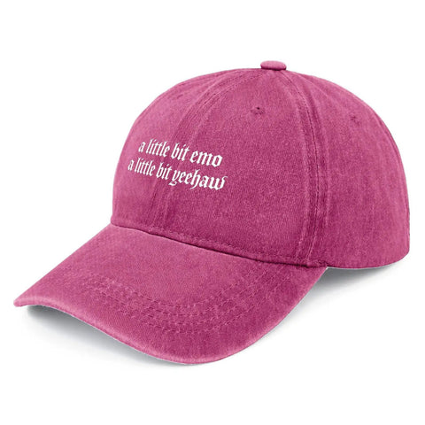 Dope Lil Bit Emo Yeehaw Style Hat For Women Adjustable Cap in pink garment-washed fabric with front artwork 'a little bit emo yeehaw'.