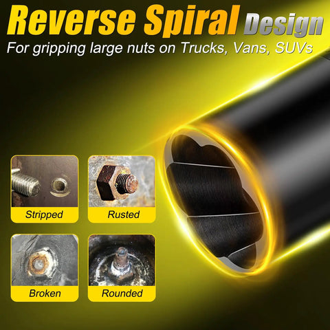 Reverse spiral design of Heavy Duty Beefed Up Lug Nut Remover Socket Set 17 To 36 Millimeters Half Inch Drive Wheel Lock Removal Tool 14 Piece Bolt Extractor Kit for stripped nuts on trucks, vans, SUVs.