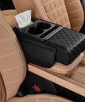 Black 5 In 1 Armrest Cushion Organizer For Sedans with side storage pockets, cup holder, tissue box slot on car center console