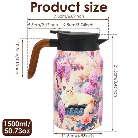 Floral Pattern Teapot With Wood Handle, Insulated Stainless Steel Thermal Teapot With Infuser, 50.73 Oz, vintage decor.