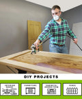 Man using No Hassle Electric Airless Paint Sprayer Featuring Always On Prime Tech for unthinned paint on wooden surface.