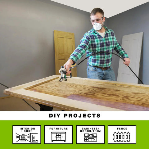 Man using No Hassle Electric Airless Paint Sprayer Featuring Always On Prime Tech for unthinned paint on wooden surface.