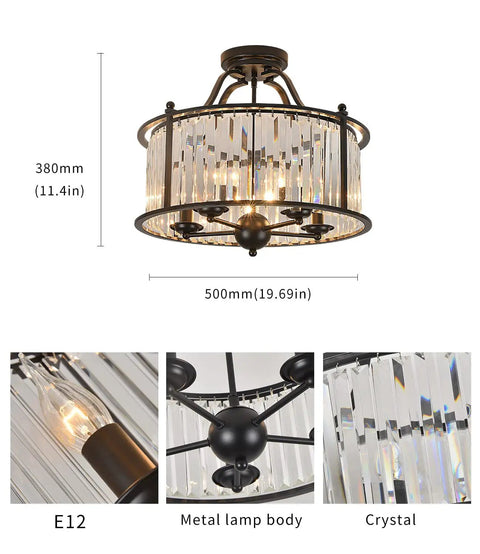 Sleek Black Crystal Chandelier With Five Lights For A Lit Look Semi Flush Mount Ceiling Fixture With K9 Crystals, E12 base.