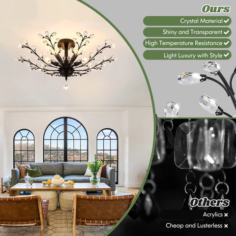 Five Light Crystal Chandelier In Matte Black With Edison E12 Base in living room, K9 crystals, modern vintage design