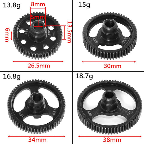Beefed Up Spur Gear Set 48T 55T 62T 70T 48P Hardened Steel Upgrade Parts For Traxxas One Tenth Ford Bronco Four Tec Two Point Zero And Four Tec Three Point Zero Compatibility showing dimensions and weights.