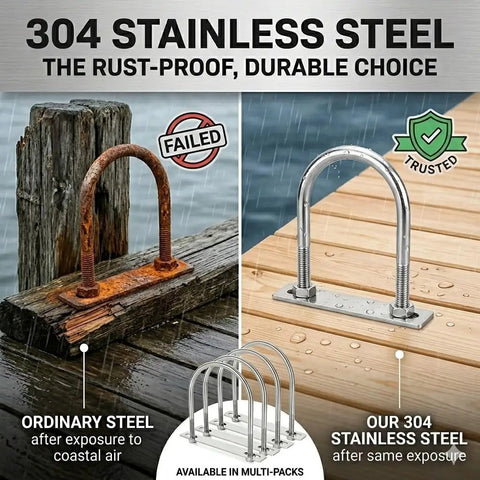 Comparison showing rusty ordinary steel vs shiny 304 stainless steel U bolt, highlighting rust resistance for marine use.