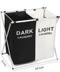Two Section Laundry Basket With Foldable Design, Dual Compartment Laundry Hamper With Side Pocket, Stable Aluminum Frame And Durable Oxford Cloth, Easy To Use, Black And White, shown with measurements