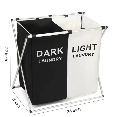 Two Section Laundry Basket With Foldable Design, Dual Compartment Laundry Hamper With Side Pocket, Stable Aluminum Frame And Durable Oxford Cloth, Easy To Use, Black And White, shown with measurements