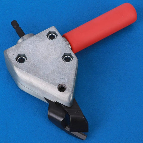 Heavy Duty Metal Sheet Cutter Head For Electric Drill Cuts Iron Steel Aluminum Stainless 1.2mm Thick close-up view with red handle.