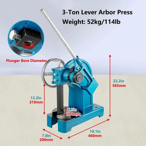 3 Ton Ratchet Lever Arbor Press with Handwheel Industrial Manual Desktop Punch Press for Stamping and Deforming Heavy Duty Iron Beast dimensions and features displayed.