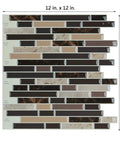Self Adhesive Peel And Stick 12x12 Inch Wall Tiles, shiny brown marble design in varied shades, shown with size dimensions.