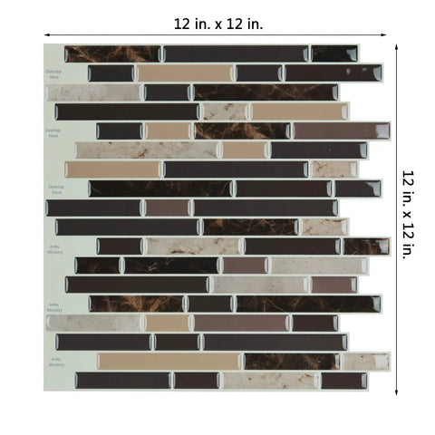 Self Adhesive Peel And Stick 12x12 Inch Wall Tiles, shiny brown marble design in varied shades, shown with size dimensions.