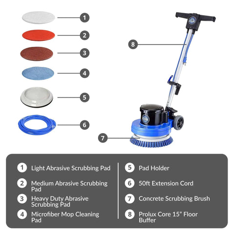Core 13 Inch Electric Floor Buffer Scrubber And Polisher For All Floor Surfaces with pads, cord, and scrubbing brush