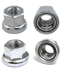 Bike Axle Nuts M9 And M10 Set for Mountain and Road Bikes, 4 Pack Lock Nuts, chrome plated alloy steel, top and side view