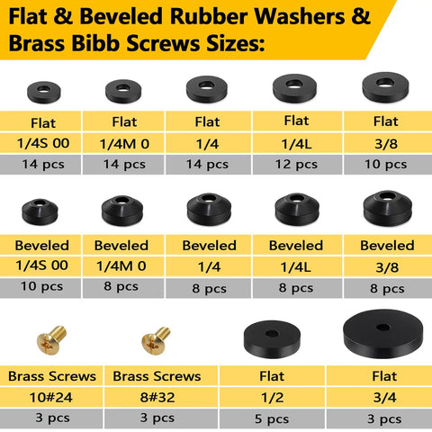 Flat and beveled rubber washers and brass bibb screws from 160 Piece Hose Bib Washer and Faucet Washer Kit With 14 Sizes