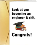 Funny Engineer Graduation Card For The New Grad With Blank Inside, 8 by 5.3 inch folded card with books and grad cap illustration.