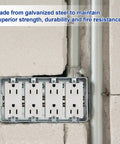 Installed Four Gang Metal Electrical Box Two And One Eighth Inch Deep Square Junction Box For Multiple Wiring Configurations Galvanized Steel Construction Fits Switches Receptacles And Devices For Residential And Commercial Wiring