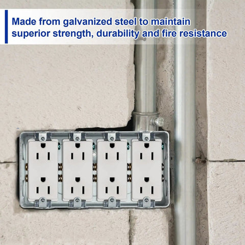 Installed Four Gang Metal Electrical Box Two And One Eighth Inch Deep Square Junction Box For Multiple Wiring Configurations Galvanized Steel Construction Fits Switches Receptacles And Devices For Residential And Commercial Wiring