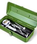 Open Green Metal Tool Box With Lock 15 Inch Heavy Duty Steel Chest showing tools inside, lid open, portable workshop organizer