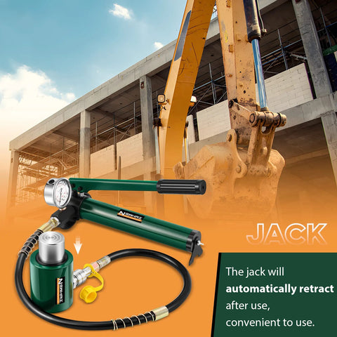 Newhai 20-ton hydraulic porta power jack kit with 2-inch ram, CP-180 hand pump, gauge, hose, green.