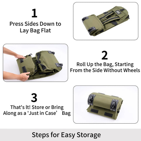 80L wheeled rolling duffel bag, green, with adjustable handle; foldable for easy storage.