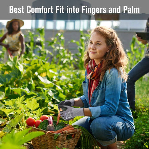 Woman gardening with Spandex Liner Nitrile Coated Work Gloves NP1001 12 Pair Large Pack in vegetable patch