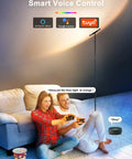 Smart RGB Floor Lamp With Alexa And Google Home, WiFi App Control near couple on sofa, brightening living room