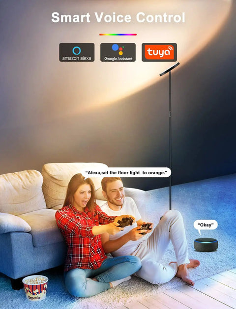 Smart RGB Floor Lamp With Alexa And Google Home, WiFi App Control near couple on sofa, brightening living room