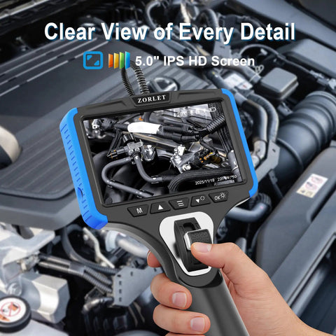 Dual Lens Two Way Articulating Borescope Camera With Light 5 Inch Endoscope Inspection Camera Slim 0.25 Inch Probe Waterproof 5 Foot Snake Camera For Automotive Mechanics And Engine Inspections, 5-inch screen in engine bay