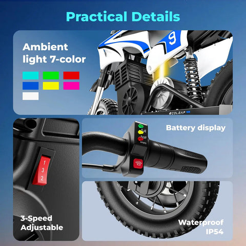 K1 Kids Electric Dirt Bike 36V Motorcycle for Ages 3 to 10, 16 MPH Top Speed, 14 Mile Range, 700W Peak, 3 Speed Modes, UL 2272 Certified Safe Ride with Front Fork Suspension and Strong Brakes, close-up details