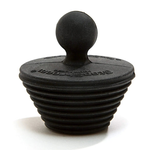Universal Drain Stopper For Bathtub And Sink Your Go To Two Pack Black Plug Fits Most Drains Easy To Use Reusable Bath Tub Shower Plug For Baths And Sinks Durable Silicone Construction For Tight Seal And Easy Removal seen from the side, showing ribbed design and knob top.