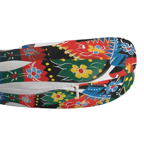Colorful floral patterned fabric of U Shaped Travel Neck Pillow For Long Haul Flights, super comfy ergonomic head and neck support.