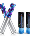 Carbide Square End Mill With Nano Blue Coating For Aluminum Copper Magnesium Alloys And Composite Materials, Half Inch Shank, Three Flute CNC Milling Bit, HRC 60 Ultra Hard With Low Friction, Two Pack displayed with packaging.