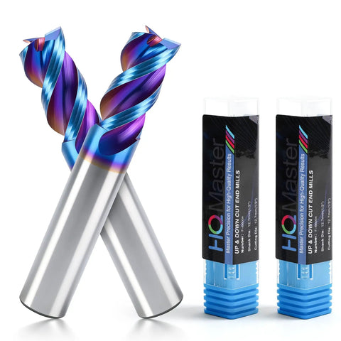 Carbide Square End Mill With Nano Blue Coating For Aluminum Copper Magnesium Alloys And Composite Materials, Half Inch Shank, Three Flute CNC Milling Bit, HRC 60 Ultra Hard With Low Friction, Two Pack displayed with packaging.