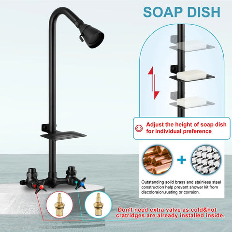 Matte Black Outdoor Shower System For Poolside Use, Wall Mounted With Brass Mixer Valve And Dual Cross Handles, Adjustable Shower Head, Exposed Fixtures, Soap Dish, Heavy Duty Outdoor Bathroom Upgrade Built To Last